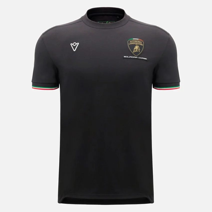 Camiseta deportiva tricolor negra para hombre de Automobili Lamborghini Squadra Corse Camiseta deportiva tricolor negra para hombre de Automobili Lamborghini Squadra Corse