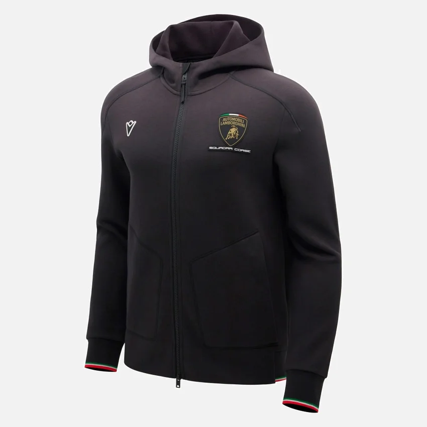 Sudadera con cremallera completa tricolor negra para hombre de Automobili Lamborghini Squadra Corse Sudadera con cremallera completa tricolor negra para hombre de Automobili Lamborghini Squadra Corse